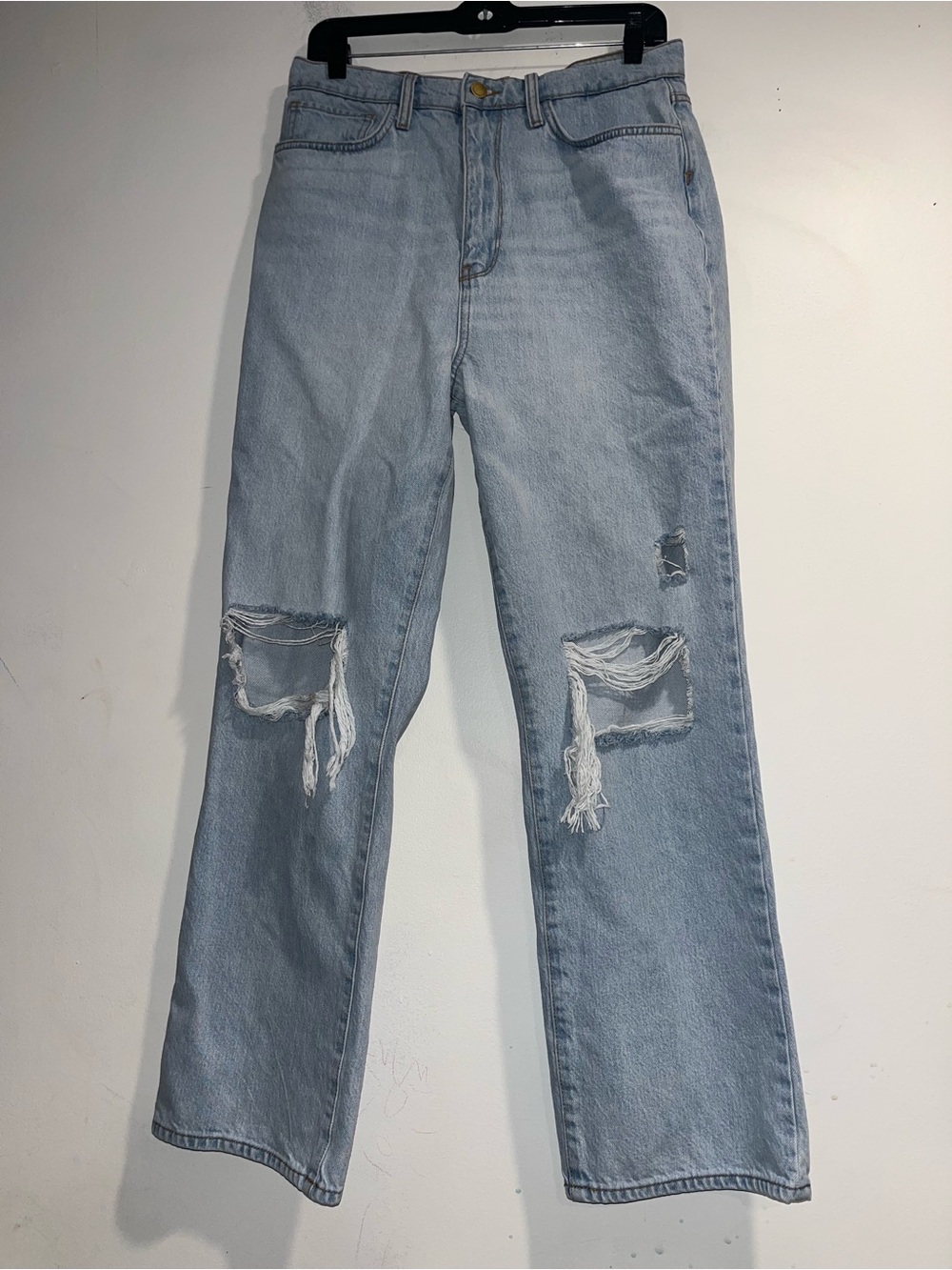 TRIARCHY Ms. Triarchy high rise straight leg jeans in Light Indigo destroyed